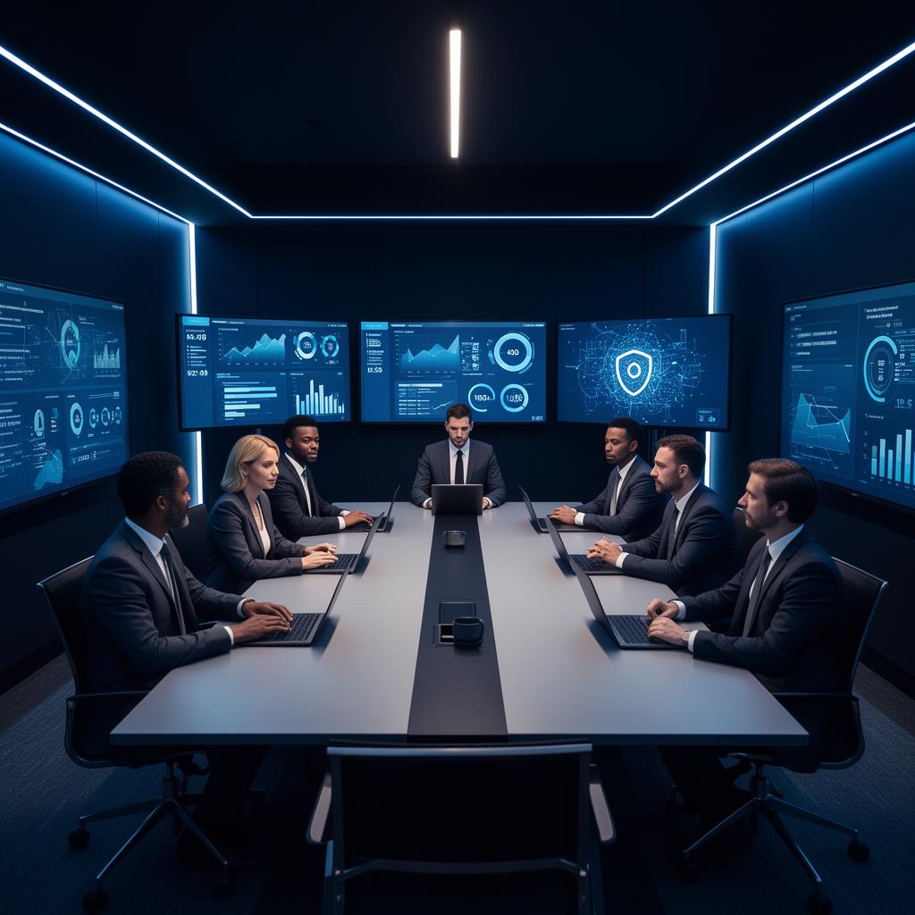 Reunião executiva em ambiente tech corporativo